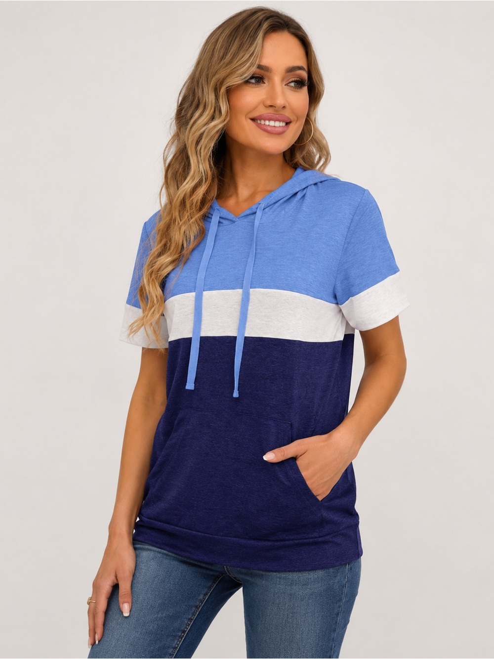 Blue and White Women's Hoodie Top